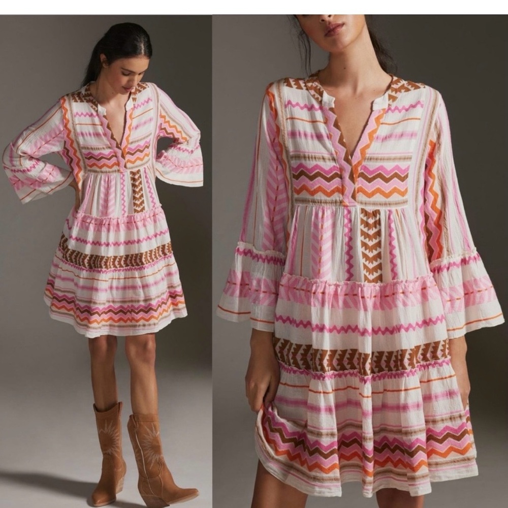 Devotion Twins Anthropologie The Ella Embroidered Tunic Dress Boho Tiered Brown